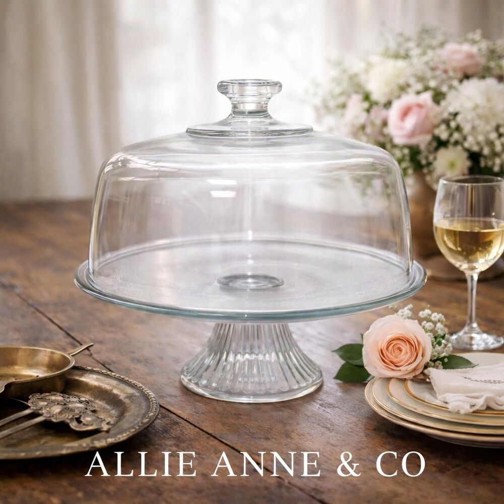 Vintage Glass Cake Stand with Dome | Pedestal Dessert Stand | Clear Glass Cloche